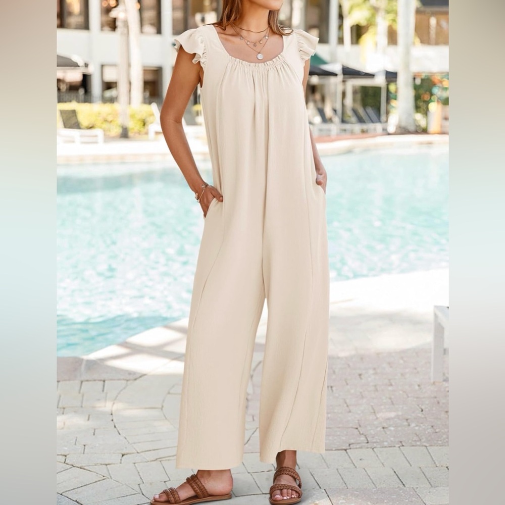 Wide Leg Ruffle Sleeve Jumpsuit in Cream - Picture 5 of 7